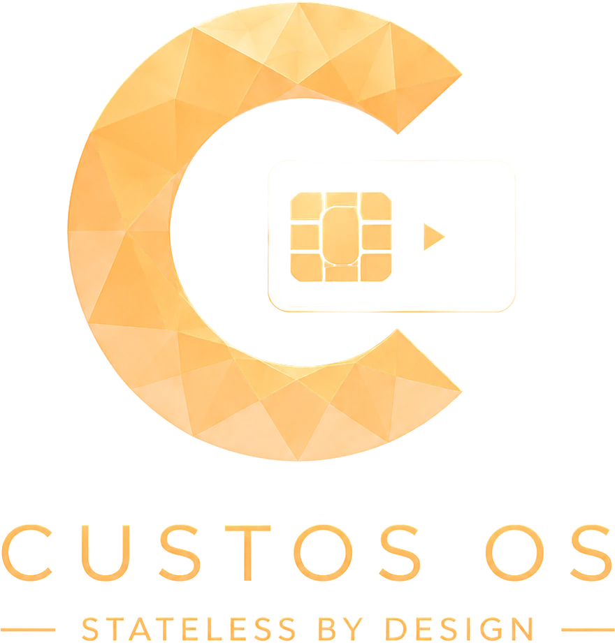 Custos OS logo: a faceted gold C holding a smartcard, with the words Stateless by design