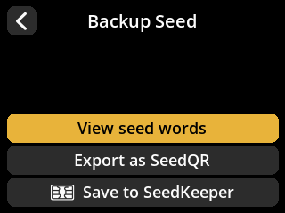 Backup Seed menu with Save to SeedKeeper