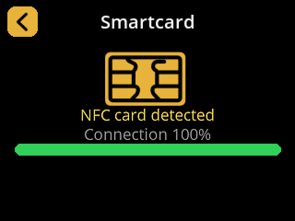 NFC card detected, connection 100 percent