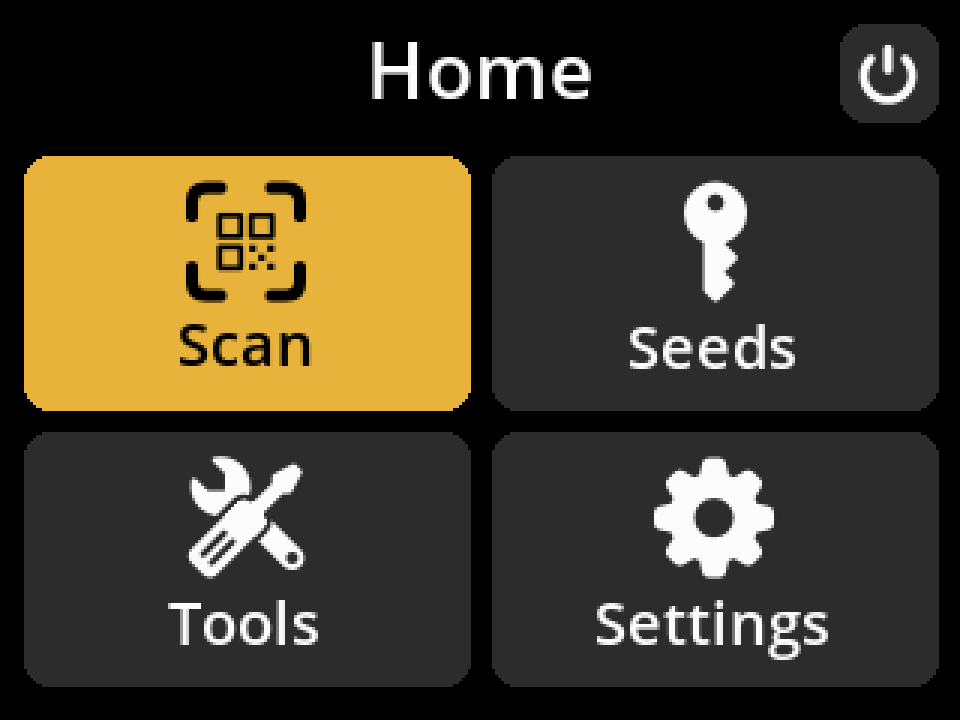 Custos OS home screen with Scan, Seeds, Tools and Settings