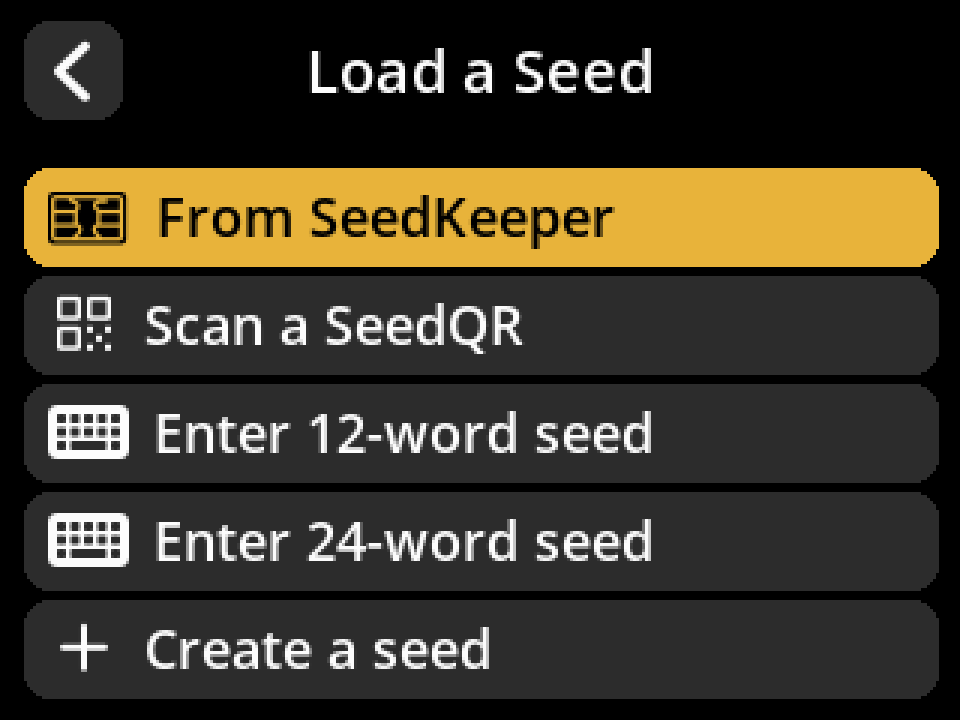Load a Seed menu with From SeedKeeper as the first option