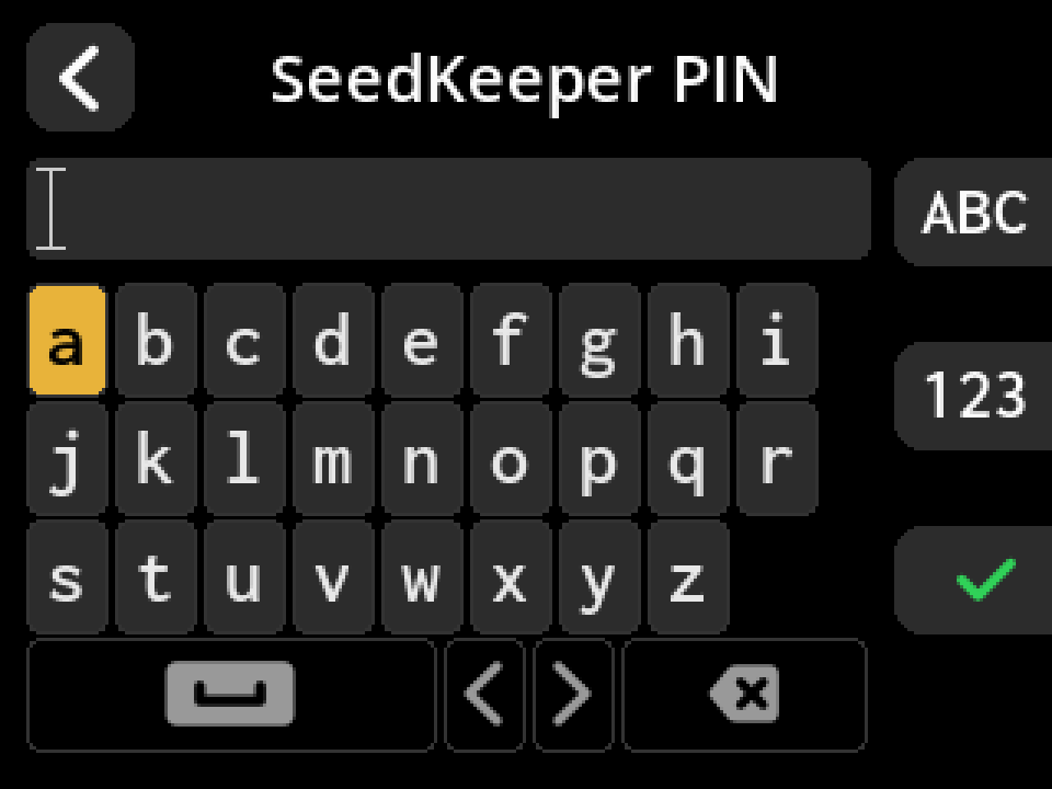 SeedKeeper PIN entry on a full on-screen keyboard