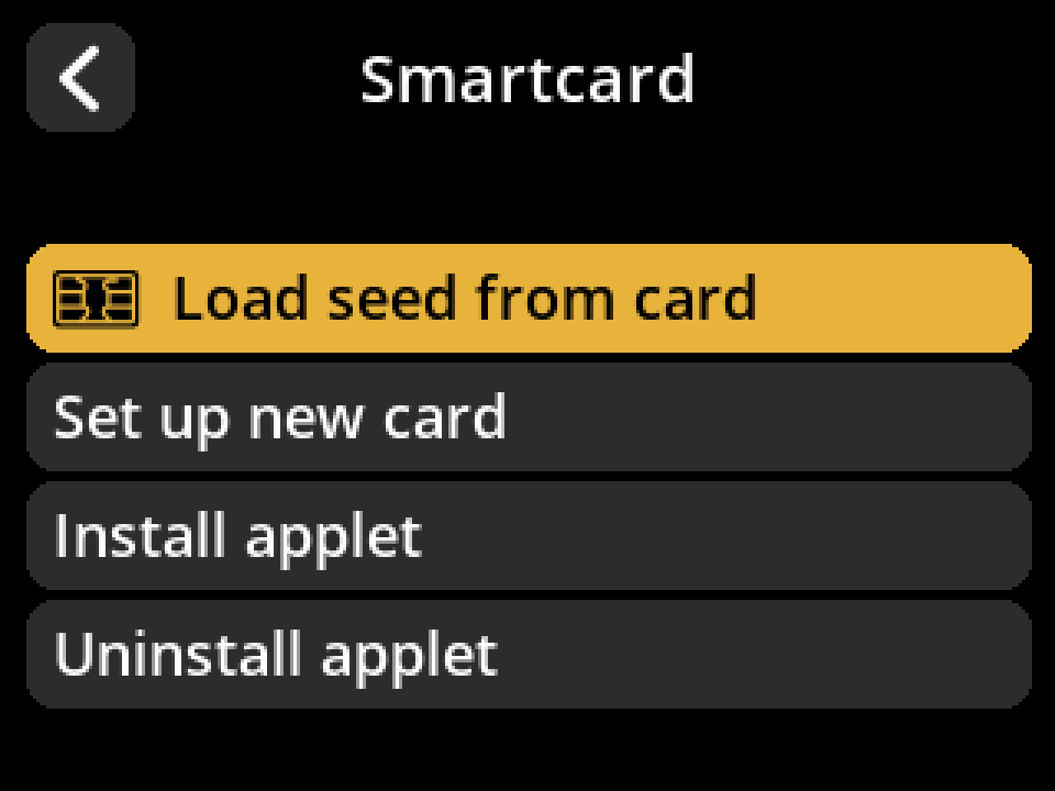 Smartcard tools: load seed from card, set up new card, install applet, uninstall applet